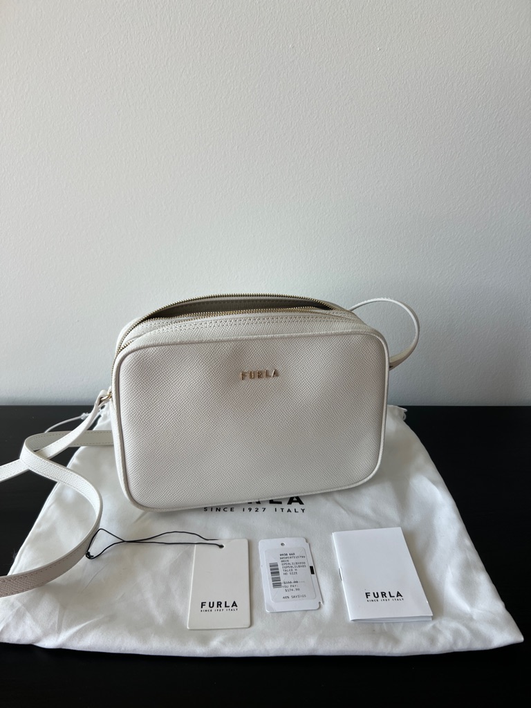 Furla Cream Saffiano Leather Crossbody With Gold Logo
